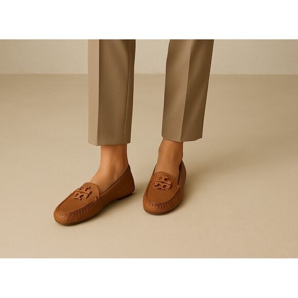 Tory Burch Brown ROYAL TAN ROLLED BRASS Loafers EVERLY DRIVER Leather Size 7.5 - Picture 1 of 11